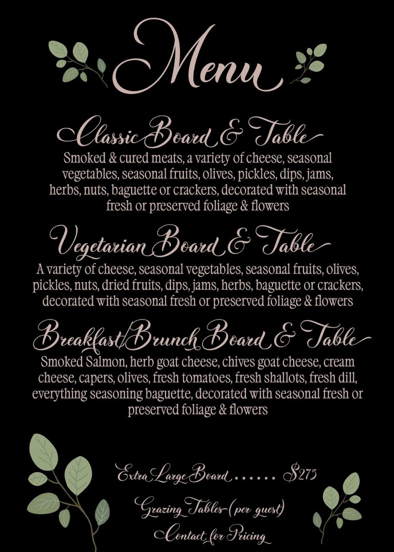 MEZA NYC printed menu card listing the Classic, Vegetarian and Breakfast/Brunch boards
